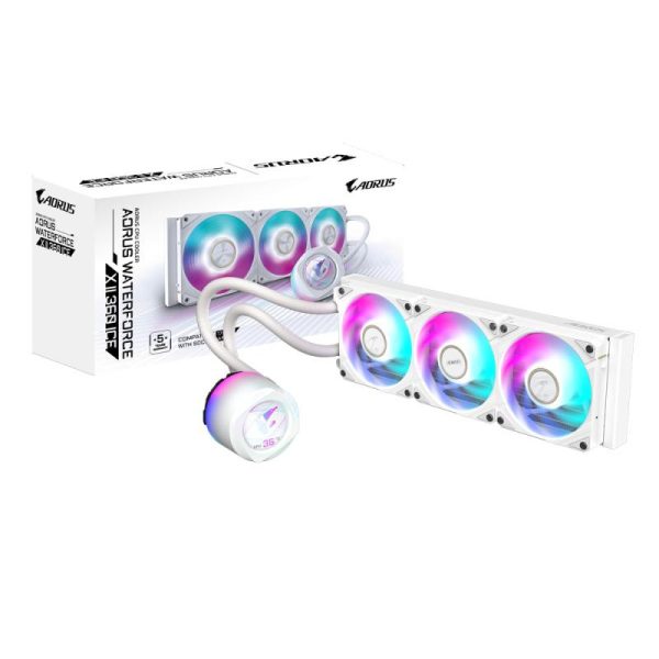 Gigabyte Aorus Waterforce X II 360 ICE Refroidisseur liquide pour processeur AIO - 3x ventilateurs ARGB de 120 mm, écran LCD en couleur, mécanisme d'emboîtement magnétique, DAISY-CHAIN, compatible avec Intel LGA 1851 et AMD AM5, garantie de 6 ans