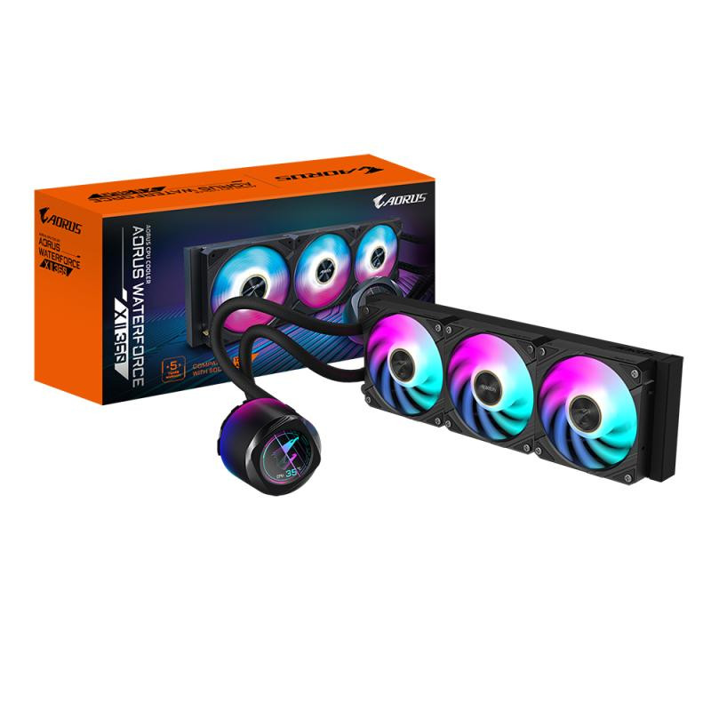 GIGABYTE AORUS WATERFORCE X II 360 Refroidisseur liquide pour processeur AIO - 3x ventilateurs ARGB de 120 mm, écran LCD en couleur, mécanisme d'emboîtement magnétique, DAISY-CHAIN, compatible avec Intel LGA 1851 et AMD AM5, garantie de 6 ans