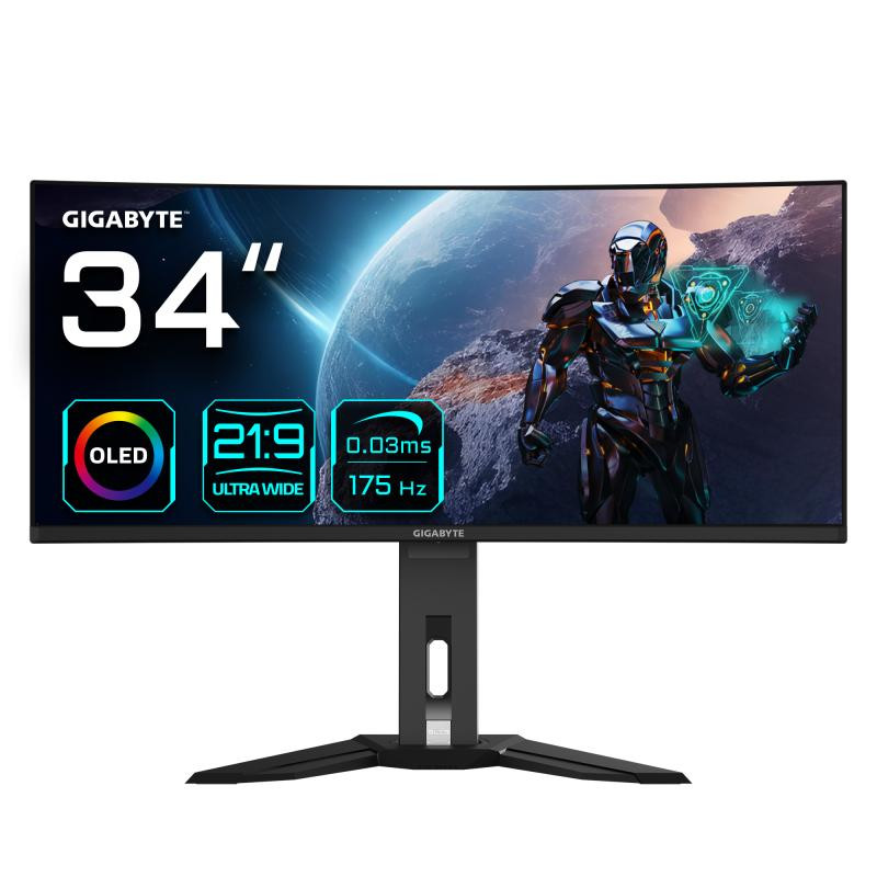 Gigabyte Moniteur de jeu courbé OLED WQHD MO34WQC 34” - 3440x1440(WQHD), 175Hz, 0.03ms, KVM, 250 cd/m2, FreeSync Premium Pro, DisplayHDR True Black 400, HDMI 2.1, Displayport 1.4