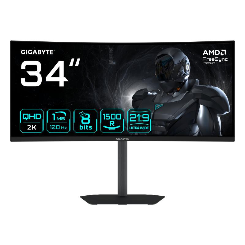 Gigabyte GS34WQCA Écran Gaming Incurvé 34" WQHD – 3440 x 1440, 1500R, 120Hz, 1ms, 300 cd/m², FreeSync Premium, HDR Ready, HDMI 2.0, DisplayPort 1.4