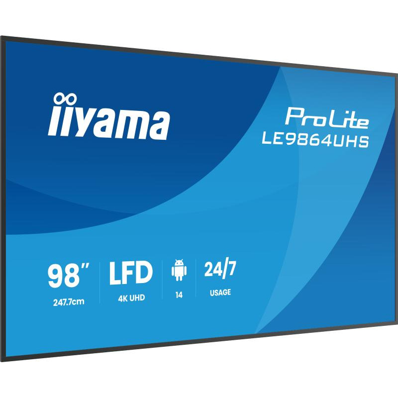 iiyama LE9864UHS-B1AG Écran d'affichage dynamique Écran plat de signalisation numérique 2,49 m (98") Wifi 500 cd/m² 4K Ultra HD Noir Intégré dans le processeur Android 24/7