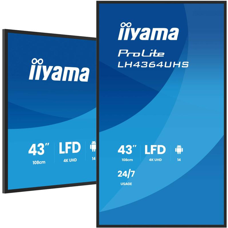 iiyama LH4364UHS-B1AG Écran d'affichage dynamique Écran plat de signalisation numérique 109,2 cm (43") LED Wifi 500 cd/m² 4K Ultra HD Noir Intégré dans le processeur Android 24/7