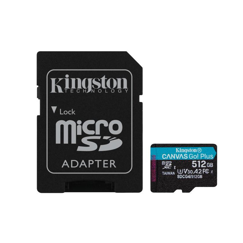 Kingston Carte microSDXC Canvas Go Plus Gen4 200 Mo/s A2 U3 V30 512 Go + adaptateur