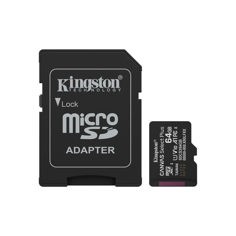 Kingston 64GB microSDXC Canvas Select Plus Gen3 100MB/s A1 (Adaptateur SD inclus)